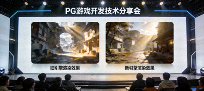 PG游戏开发技术分享会现场，展示新引擎渲染效果对比图